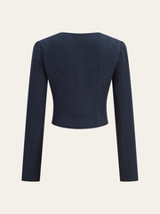 Ribbed Crew Neck Metal Button Blouse