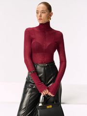 Sheer Turtleneck Wool Blend Sweater