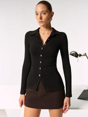 Metal Button Long Sleeve Polo Collar Blouse