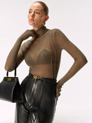 Wool Blend Fitted Sheer Turtleneck Knit Top