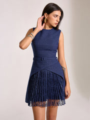 Belted Pleated Lace Mini Dress
