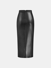 Ruched Slit PU Leather Midi Skirt