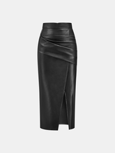 Ruched Slit PU Leather Midi Skirt