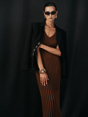 Wool Blend Striped Knit V-Neck Midi Dress