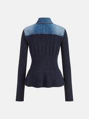 Denim Collar Cable Knit Button-Front Peplum Cardigan