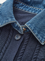Denim Collar Cable Knit Button-Front Peplum Cardigan