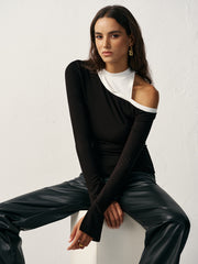 Color Block Asymmetric Cut-Out Long Sleeve T-Shirt
