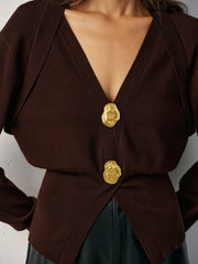 Metal Button V-Neck Knit Cardigan