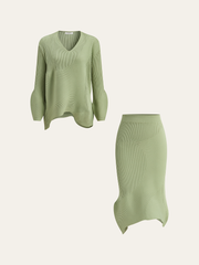 V-Neck Textured Asymmetric Hem Knit Sweater