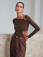 Metal Detail Asymmetric Neckline Bodysuit