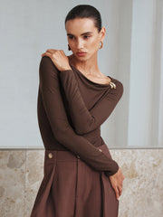 Metal Detail Asymmetric Neckline Bodysuit