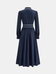 Contrast Trim Belted Pleated Shirt Dress