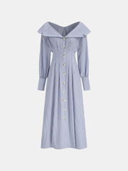 Off-Shoulder Striped Button Front Collared Dress