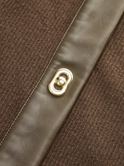 Shirt Collar Faux Leather Panel Ribbed Midi Dress