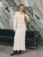 V-Neck Button-Front Knit Cardigan and Maxi Skirt Set