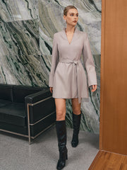 Belted V-Neck Long Sleeve Dress