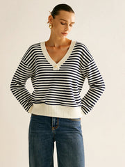 Striped V-Neck Buttoned Wool Blend Sweater