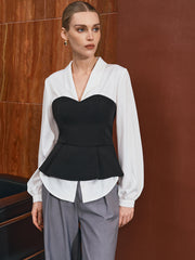 Two-Piece Collared Corset Shirt with Peplum Hem