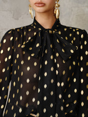 Polka Dot Bow Neckline Semi-Sheer Blouse