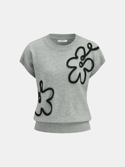 Floral Applique Cap Sleeve Sweater Vest
