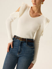 Cold Shoulder Ruffle V-Neck Knit Top