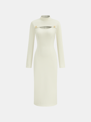 Stand Collar Long Sleeve Cut-Out Fitted Dress