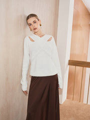 Cross-Over Collar Cut-Out Knit Sweater