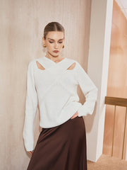 Cross-Over Collar Cut-Out Knit Sweater