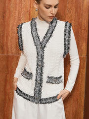 Oversized Contrast Fringe Trim Textured Vest