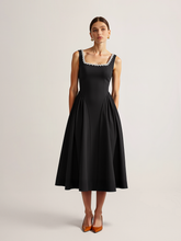 Sleeveless Square Neck Diamond Trim Flare Dress