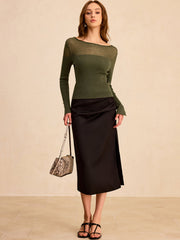 Sheer-Paneled Boat Neck Knit Top