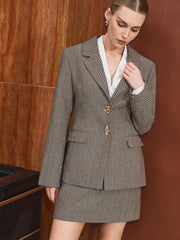 Metal Floral Button Herringbone Blazer