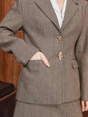 Metal Floral Button Herringbone Blazer