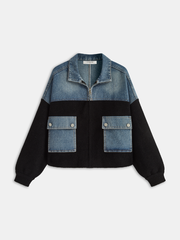 Zipper Denim Panel Knit Outerwear