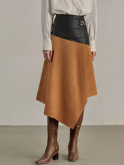 Faux Leather Paneled Suede Effect Asymmetric Midi Skirt