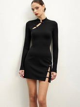 Stand Collar Long Sleeve Know Button Side Slit Dress
