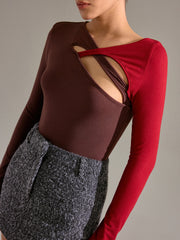 Asymmetric Two-Tone Cut-Out Long Sleeve Blouse