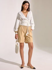 Cinched Waist Tassel Tie Wrap Blouse