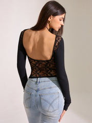 Long Sleeve Lace Backless T-Shirt