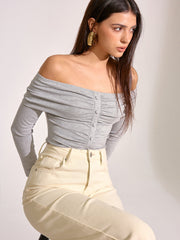 Off-Shoulder Ruched Long Sleeve T-Shirt