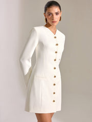 Metal Button-Front V-Neck Mini Dress