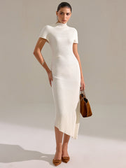 Mock Neck Short Sleeve Asymmetric Hem Maxi Dress