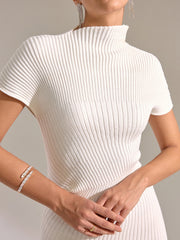 Mock Neck Short Sleeve Asymmetric Hem Maxi Dress