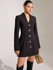 V-Neck Long Sleeve Metal Button Mini Dress