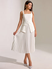 Square Neck Vest Panel Pleated Maxi Dress