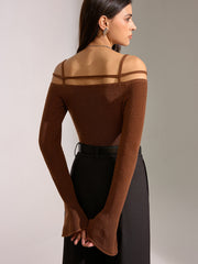 Flared Cuff Wool Blend Off-Shoulder Knit Top