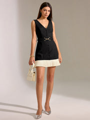 Contrast Pleated Hem Sleeveless Belted Mini Dress