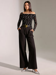 Semi-Sheer Mesh Polka Dot Ruched Off-Shoulder T-Shirt
