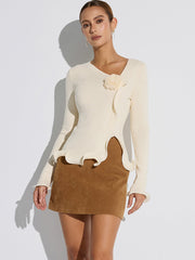 3D Floral Ruffled Hem Knit Top