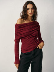 Off-Shoulder Ruched Wool Blend T-Shirt